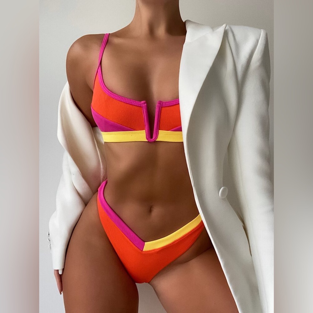 Colorblock Ribbed NEW SHEIN Bikini Set Women’s Size Small – Orange Pink Yellow
